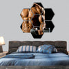 athletic guy , execute exercise with dumbbells hexagonal canvas wall art