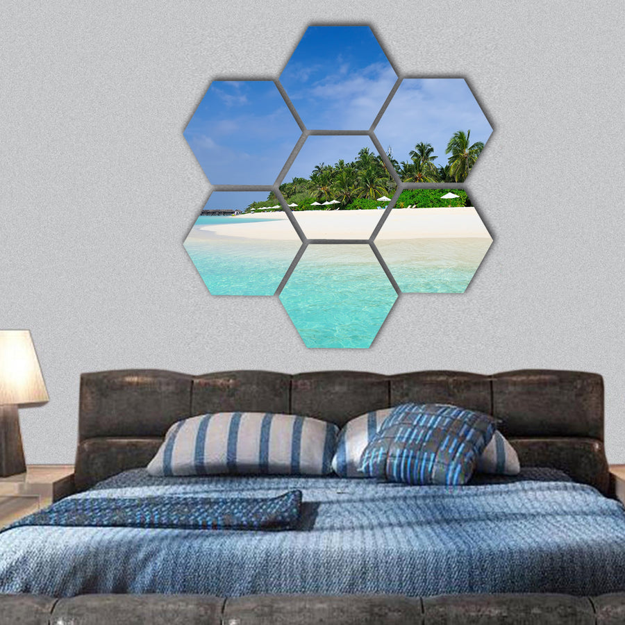 Beautiful island beach at Maldives hexagonal canvas wall art