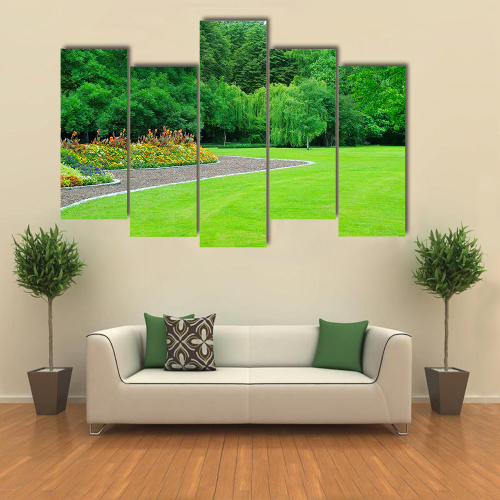 A Summer Garden With Flower And Lawn, Multi Panel Canvas Wall Art