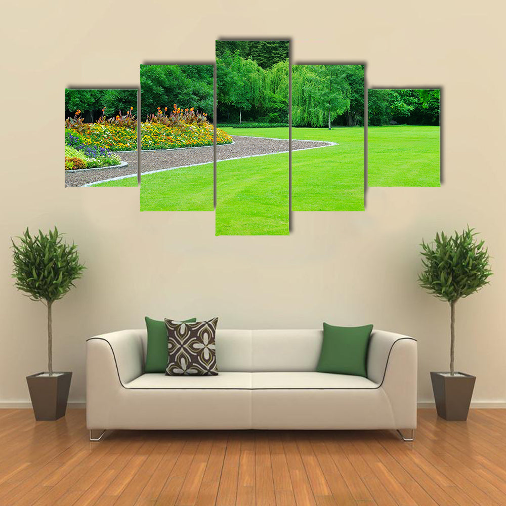 A Summer Garden With Flower And Lawn, Multi Panel Canvas Wall Art