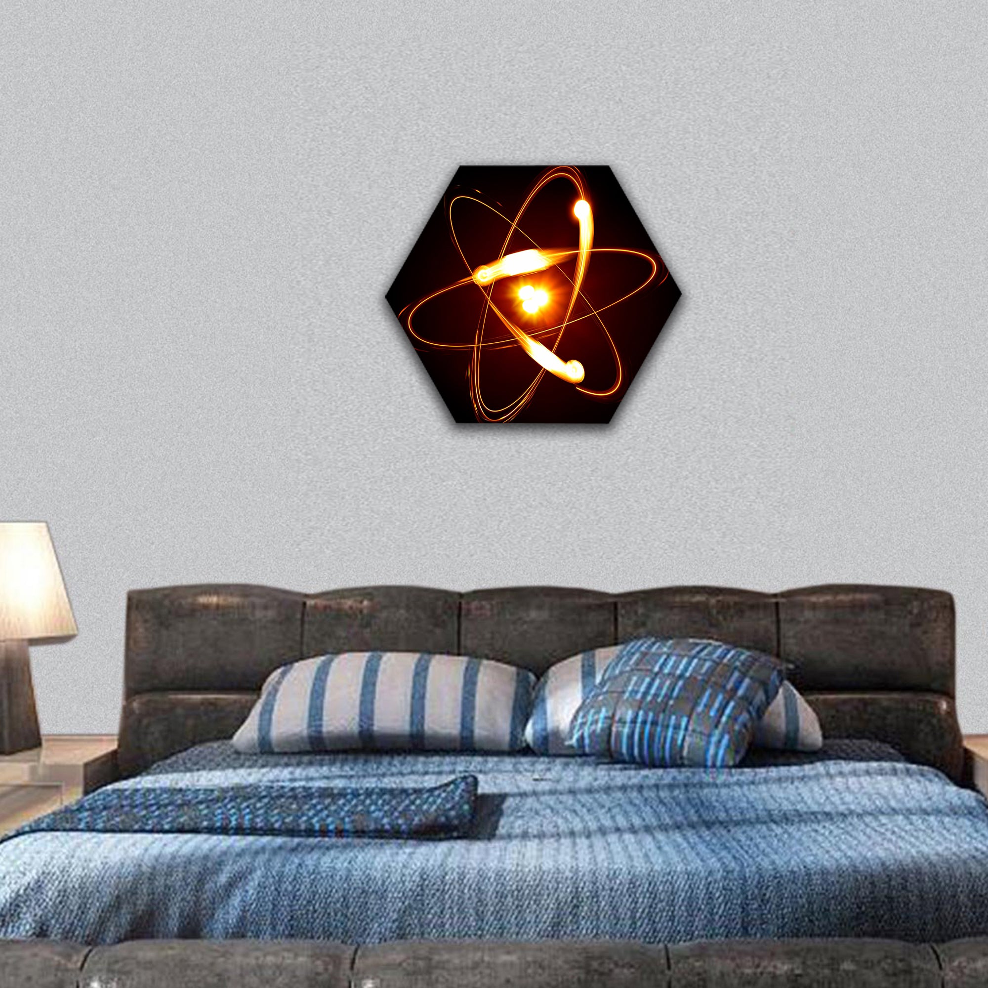 Symbol of atom over black background hexagonal canvas wall art