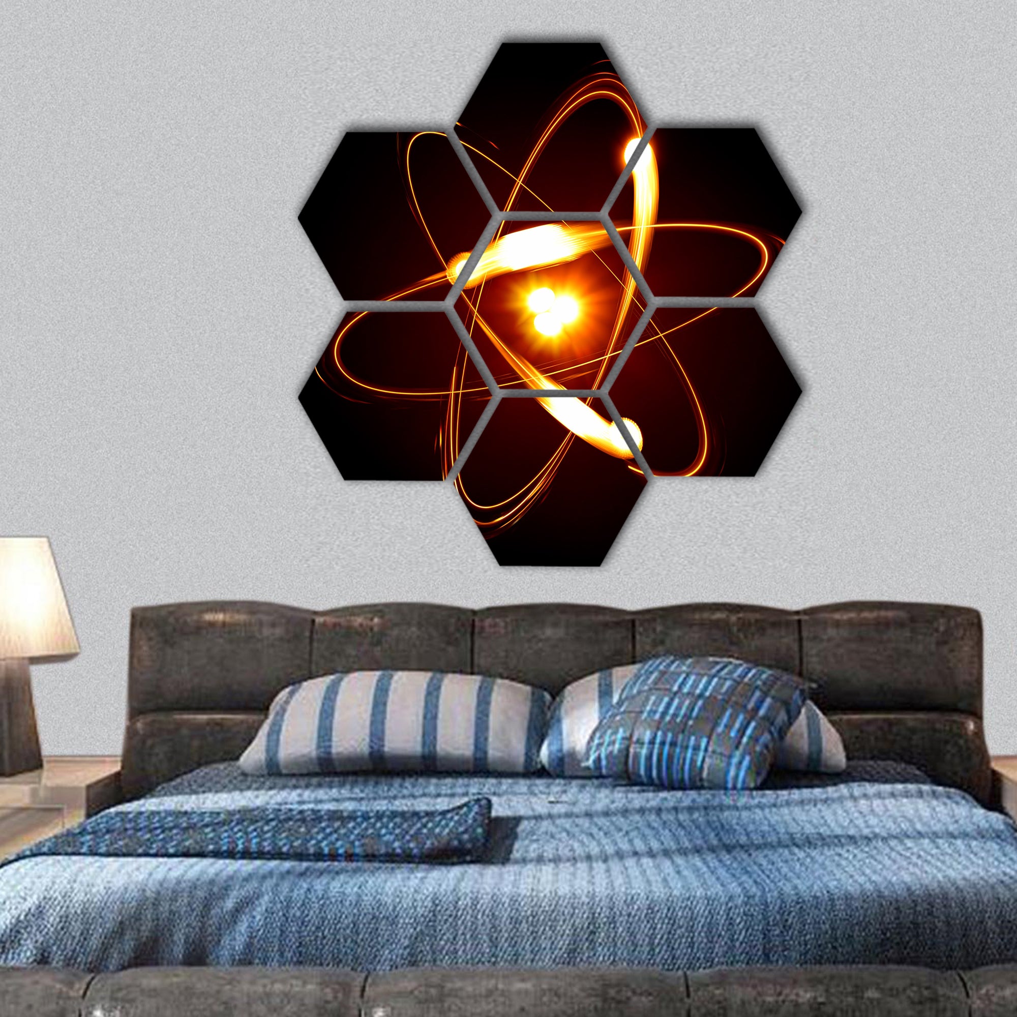 Symbol of atom over black background hexagonal canvas wall art