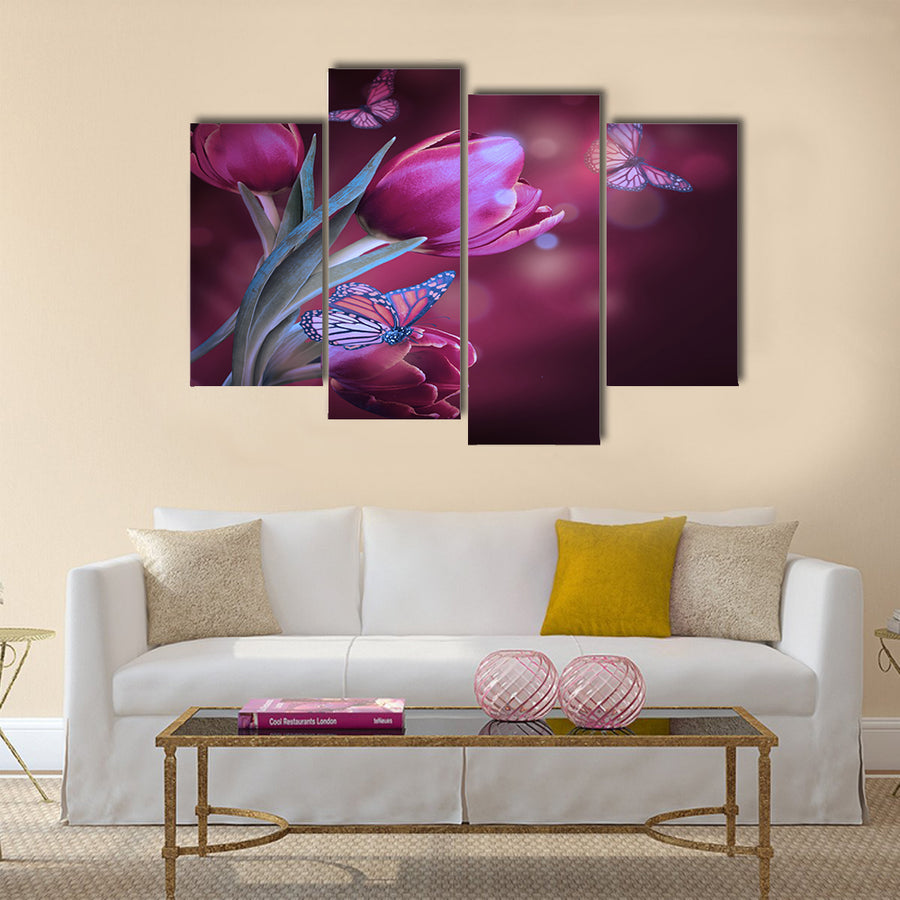 Bouquet of red tulips against a dark background and butterfly Multi Panel Canvas Wall Art