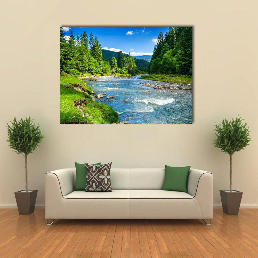 view of landscape with mountains trees and a river in front multi panel canvas wall art