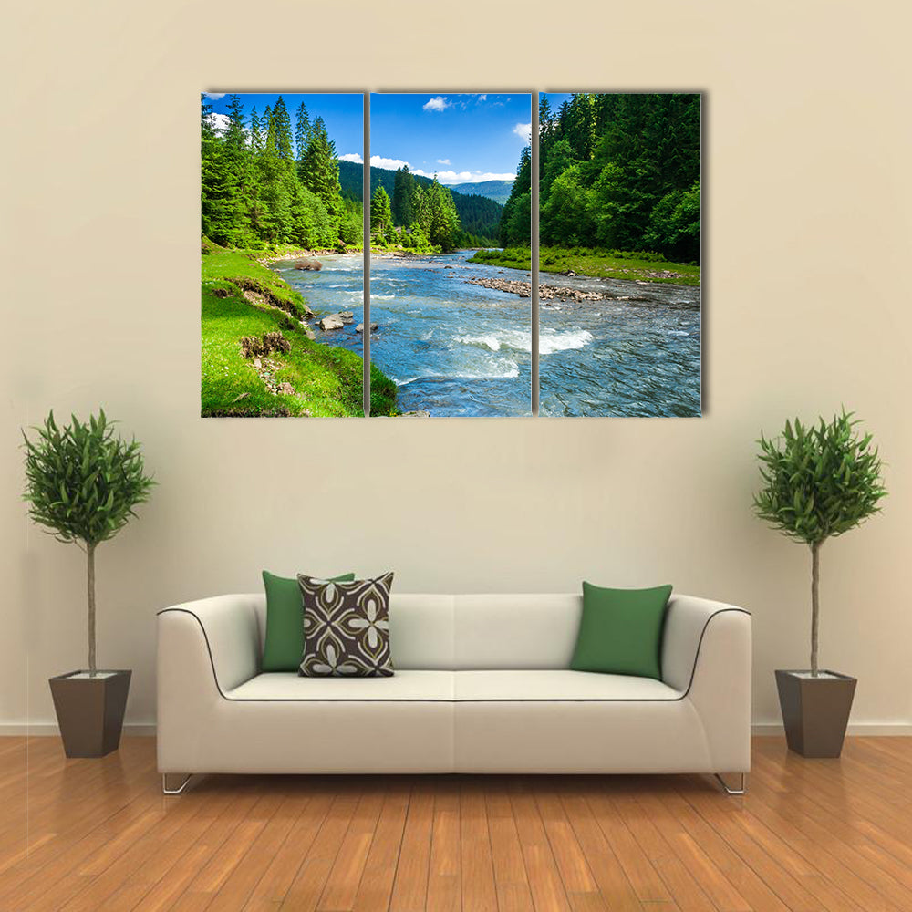 view of landscape with mountains trees and a river in front multi panel canvas wall art