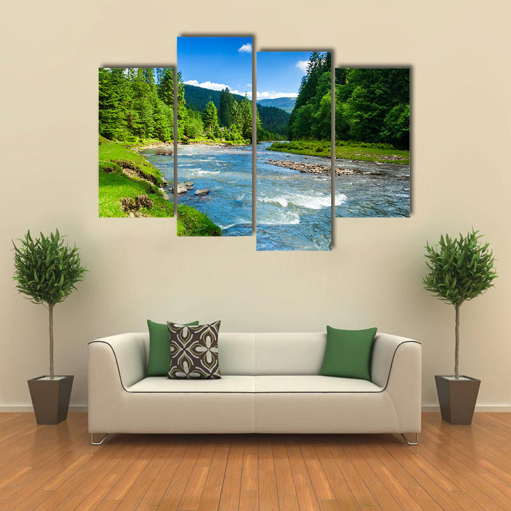 view of landscape with mountains trees and a river in front multi panel canvas wall art