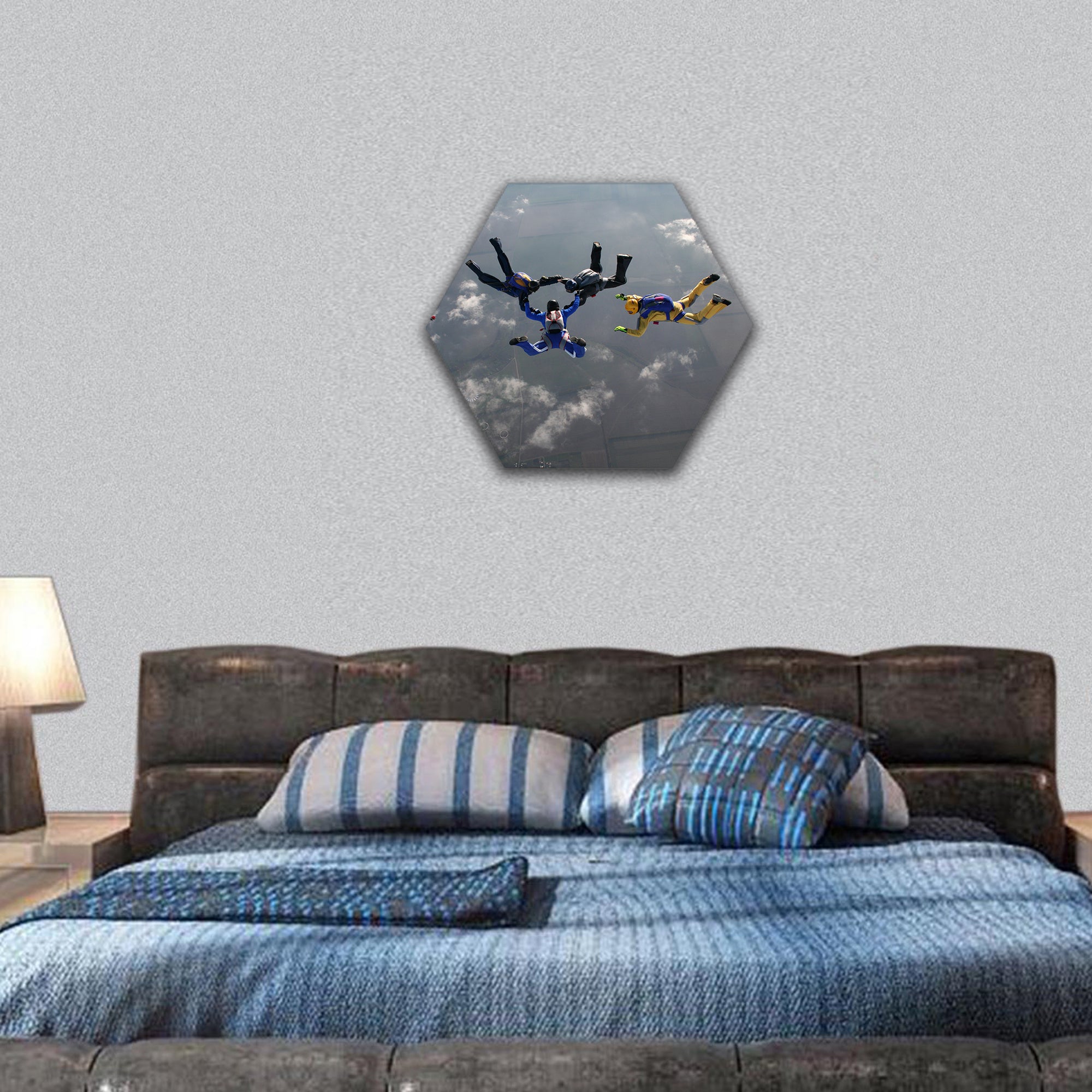The group of parachutists in air hexagonal canvas wall art