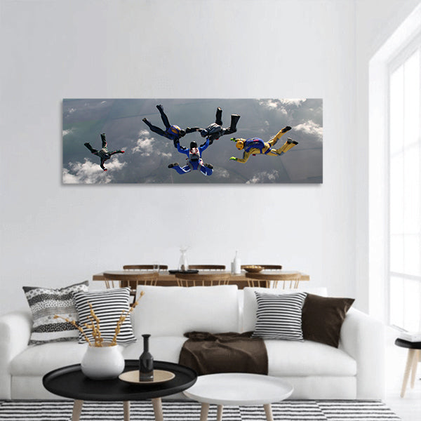 The group of parachutists in air panoramic canvas wall art