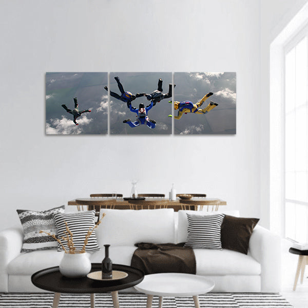 The group of parachutists in air panoramic canvas wall art