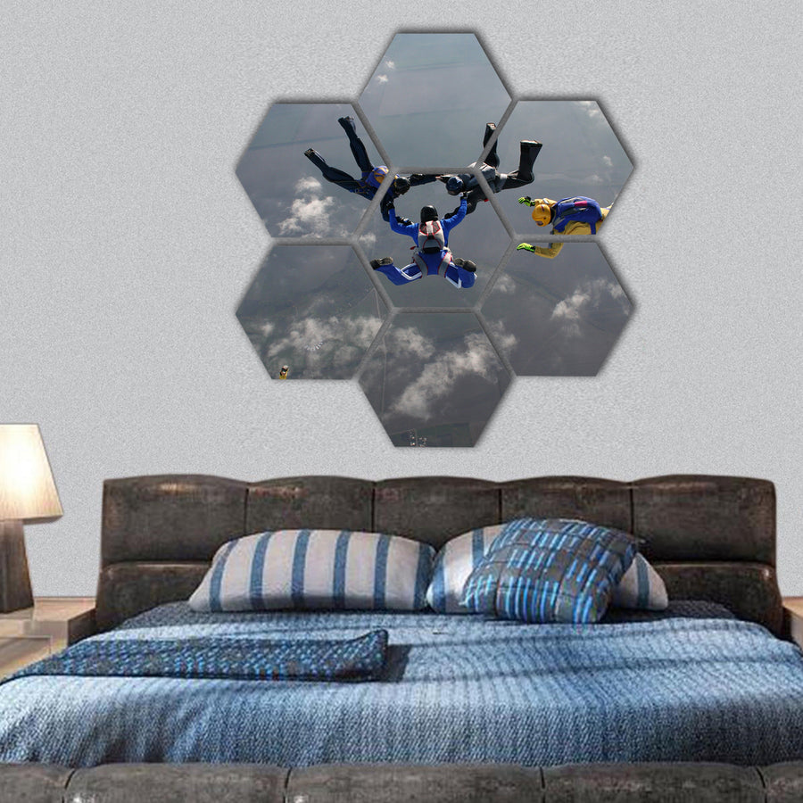 The group of parachutists in air hexagonal canvas wall art