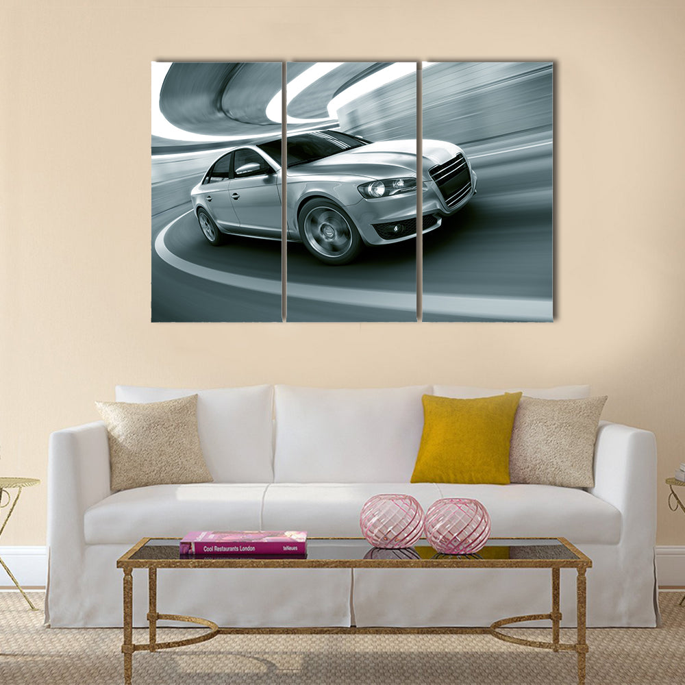 3d rendering of a brandless generic car of my own design in a tunnel with heavy motion blur Multi panel canvas wall art