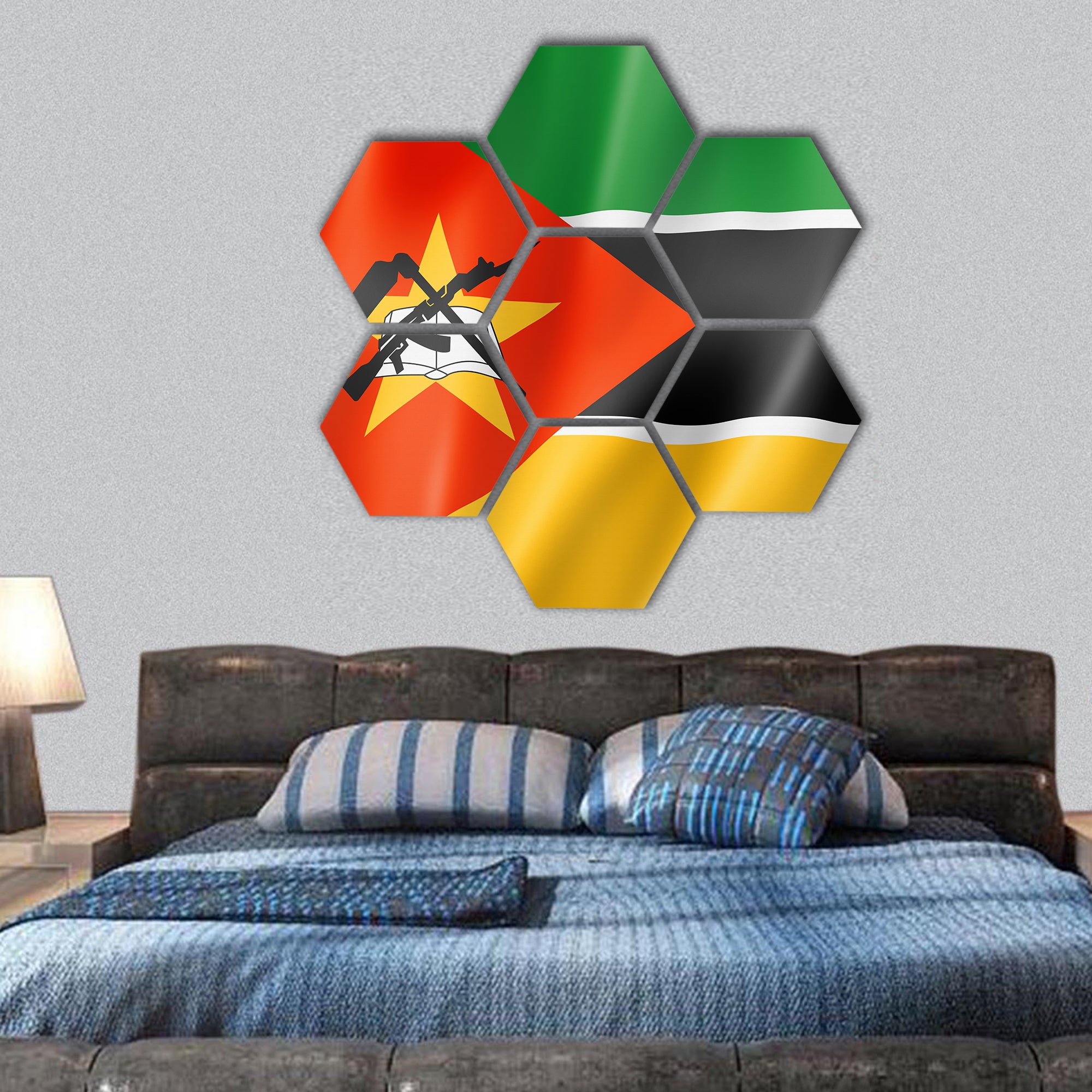 Mozambique flag, three dimensional render, satin texture hexagonal canvas wall art