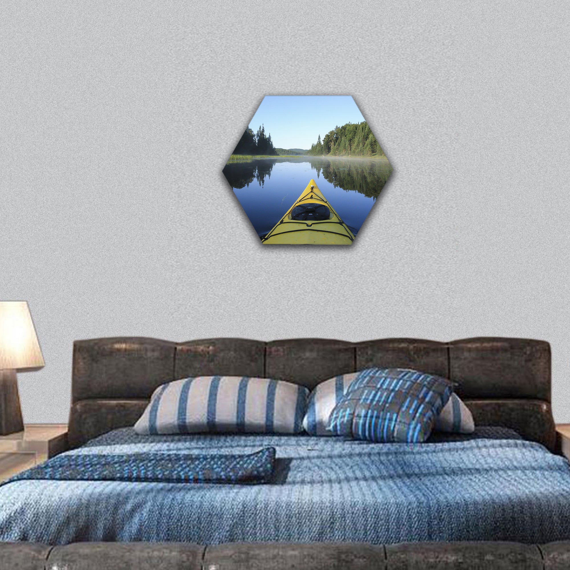 Kayak surfer on a lake by a sunny day in Quebec, Canada hexagonal canvas wall art