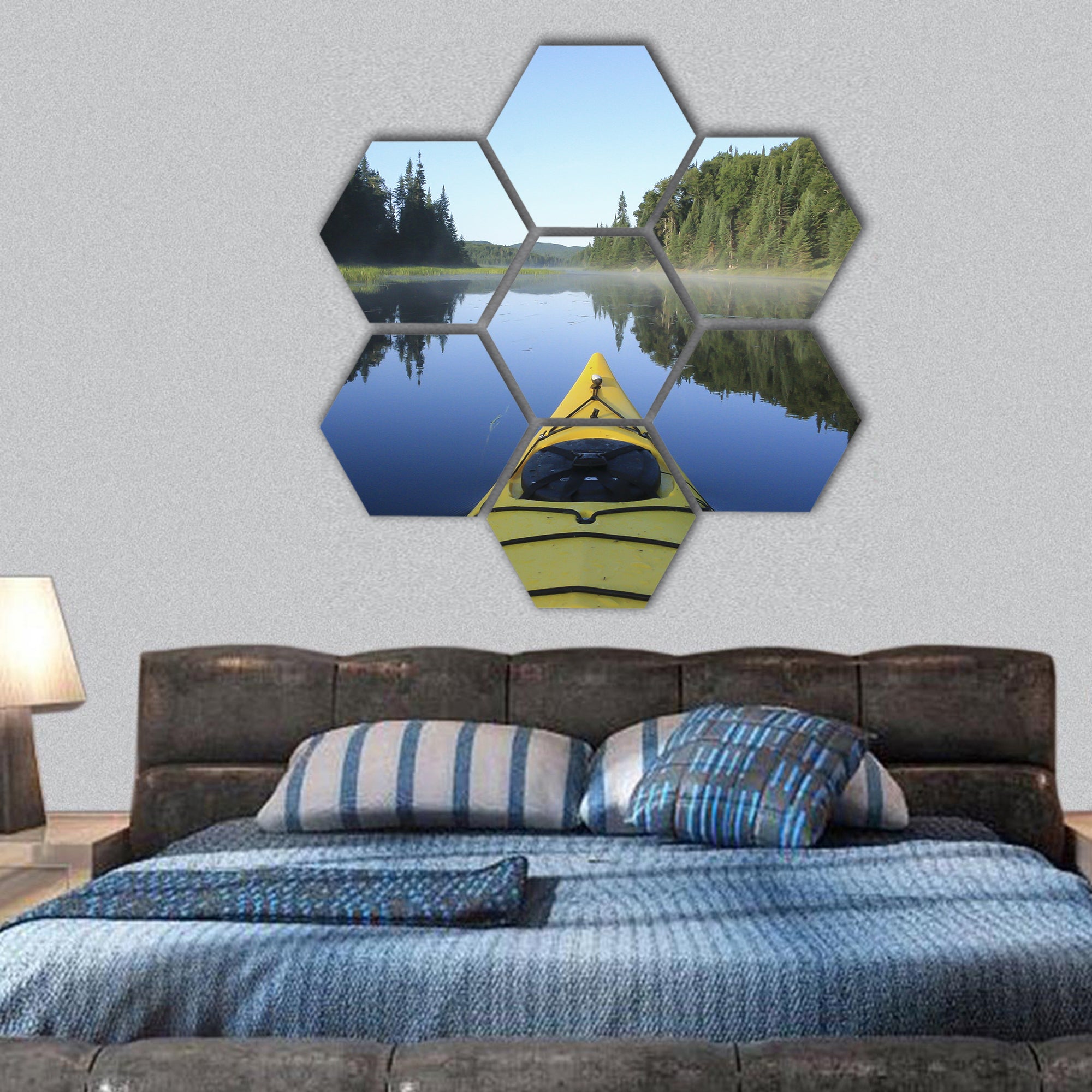 Kayak surfer on a lake by a sunny day in Quebec, Canada hexagonal canvas wall art