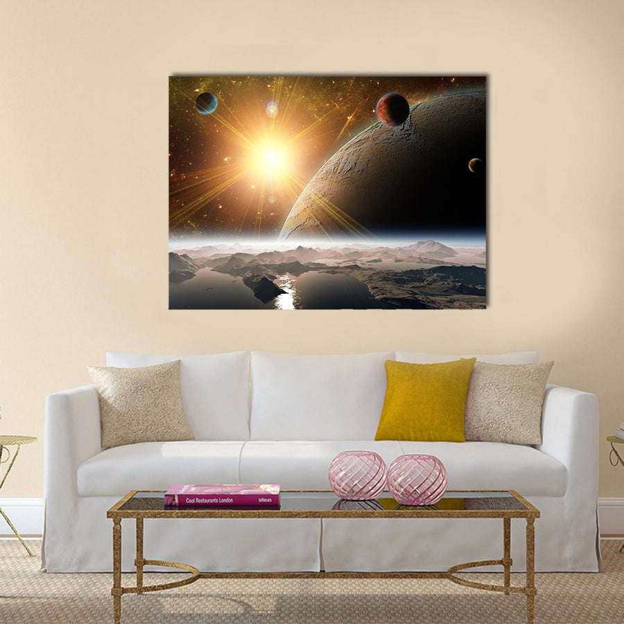 A view of planet, moons and the universe from the earth surface. Abstract illustration of distant regions Multi Panel Canvas Wall Art