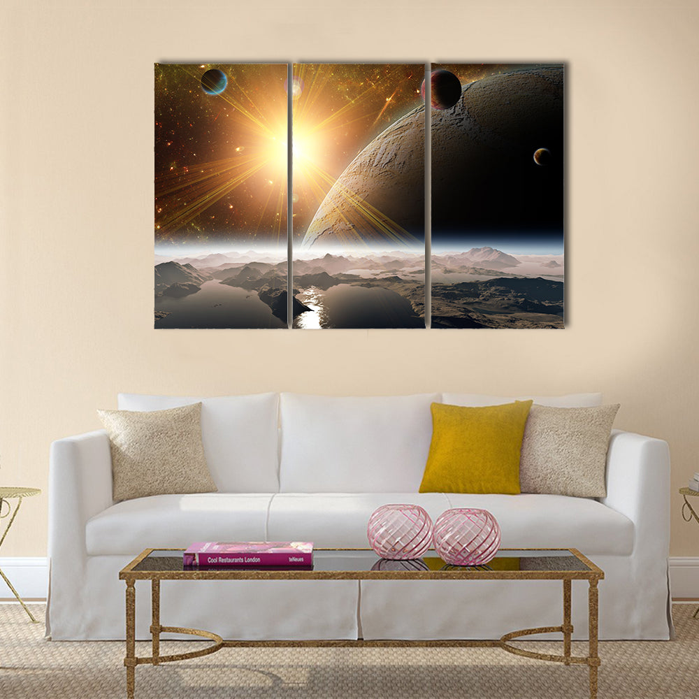 A view of planet, moons and the universe from the earth surface. Abstract illustration of distant regions Multi Panel Canvas Wall Art