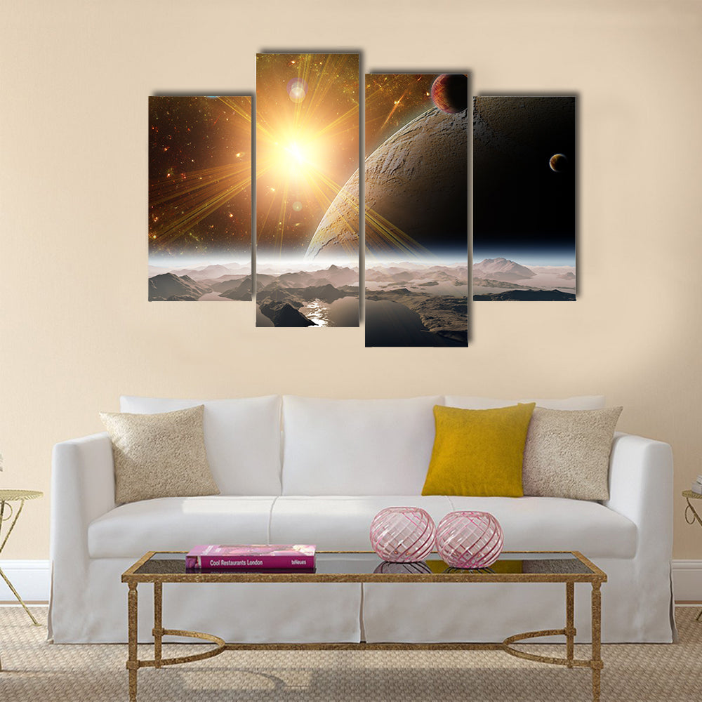 A view of planet, moons and the universe from the earth surface. Abstract illustration of distant regions Multi Panel Canvas Wall Art