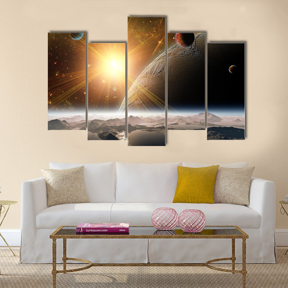 A view of planet, moons and the universe from the earth surface. Abstract illustration of distant regions Multi Panel Canvas Wall Art