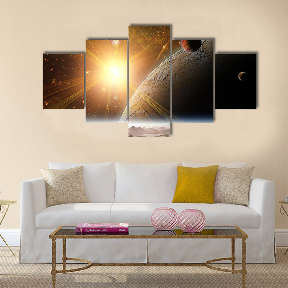 A view of planet, moons and the universe from the earth surface. Abstract illustration of distant regions Multi Panel Canvas Wall Art