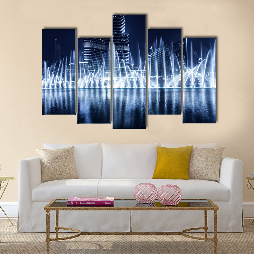 Beautiful famous fountain in Dubai at night, multi panel canvas wall art