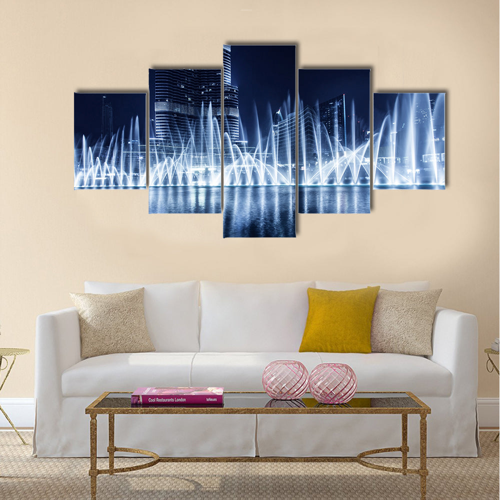Beautiful famous fountain in Dubai at night, multi panel canvas wall art