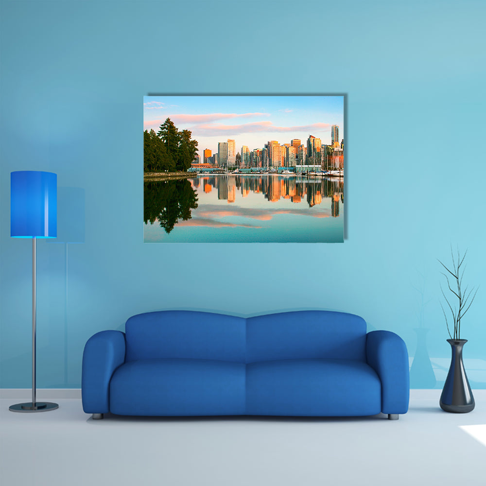 Beautiful view of Vancouver skyline with Stanley Park at sunset, British Columbia, Canada multi panel canvas wall art