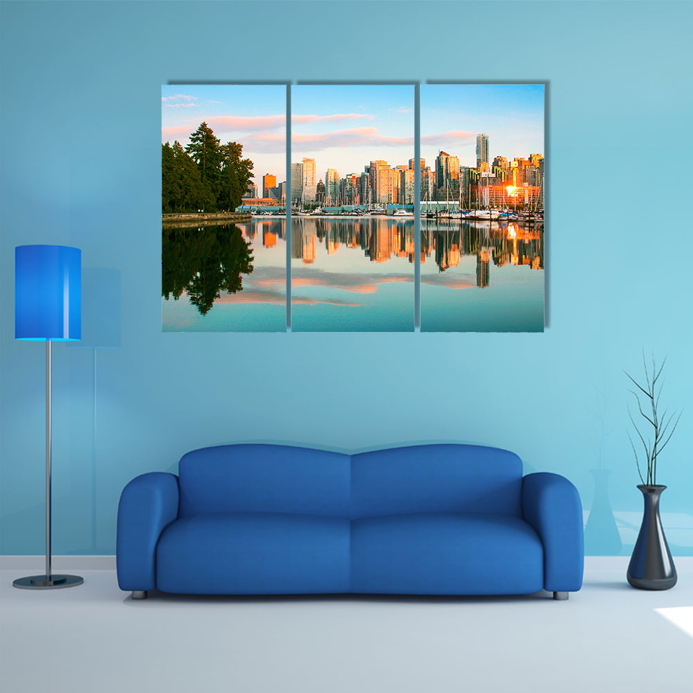 Beautiful view of Vancouver skyline with Stanley Park at sunset, British Columbia, Canada multi panel canvas wall art