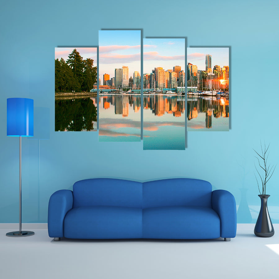Beautiful view of Vancouver skyline with Stanley Park at sunset, British Columbia, Canada multi panel canvas wall art