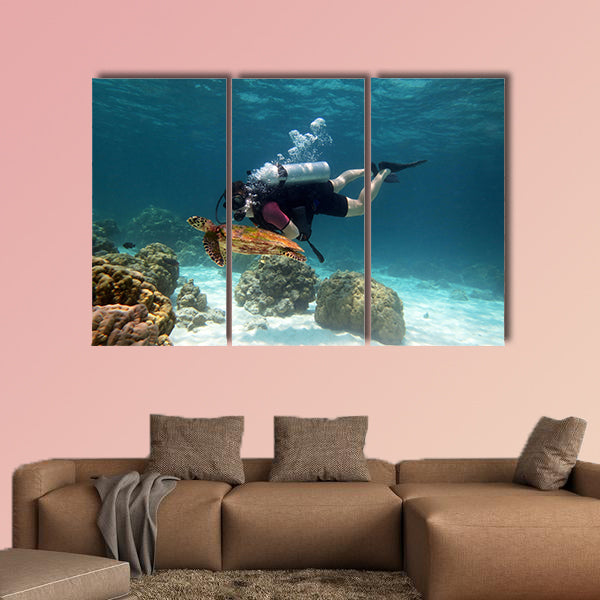 Young Man Scuba Diver between Water Surface near a turtle Multi panel canvas wall art