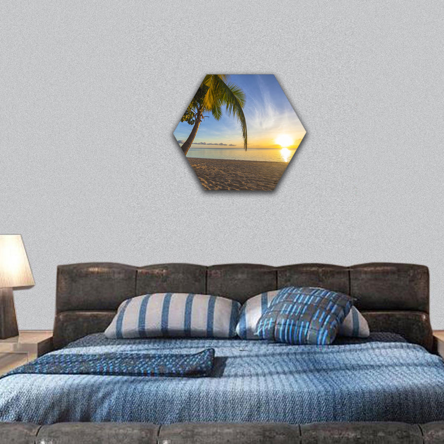 Sunset on tropical Fiji island hexagonal canvas wall art