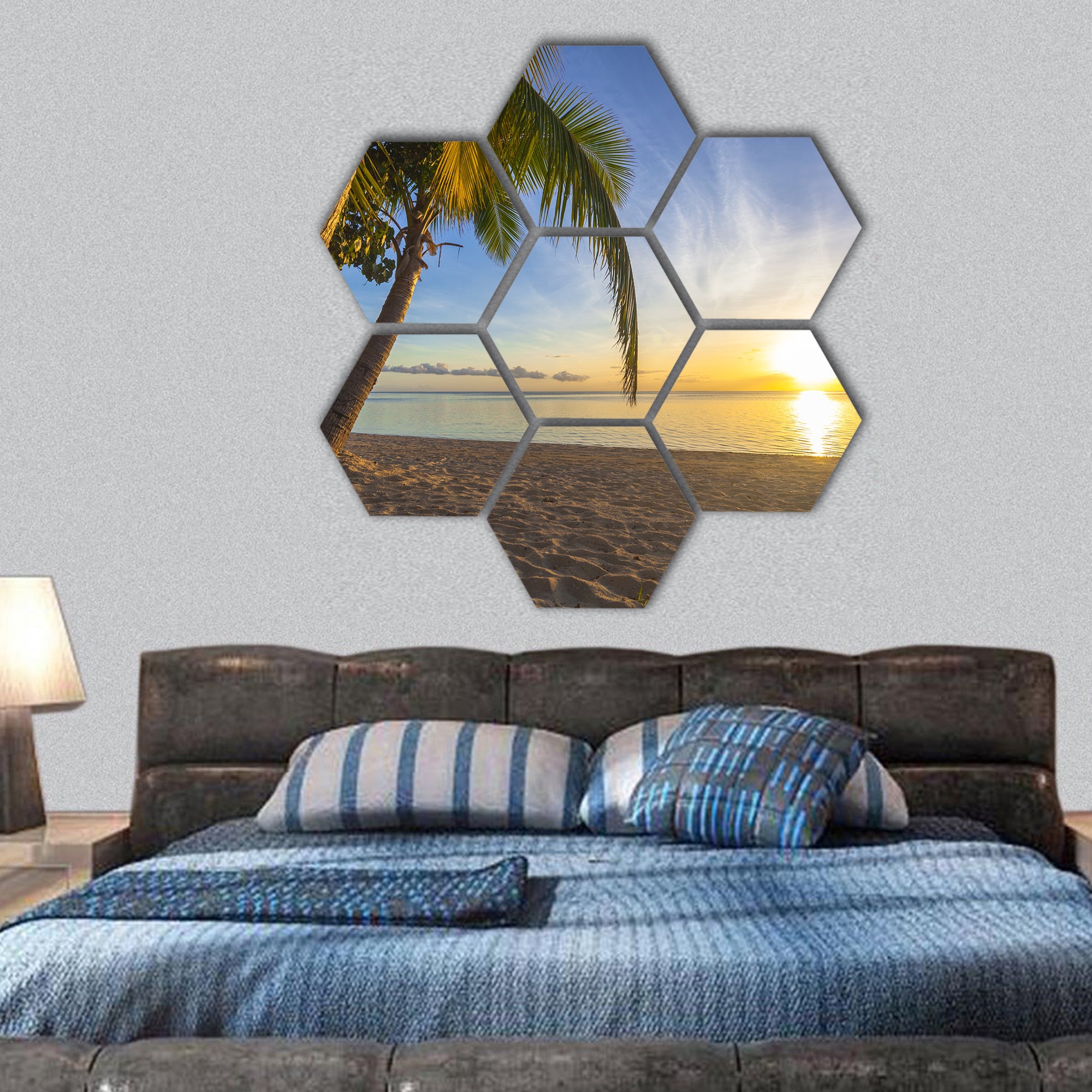 Sunset on tropical Fiji island hexagonal canvas wall art