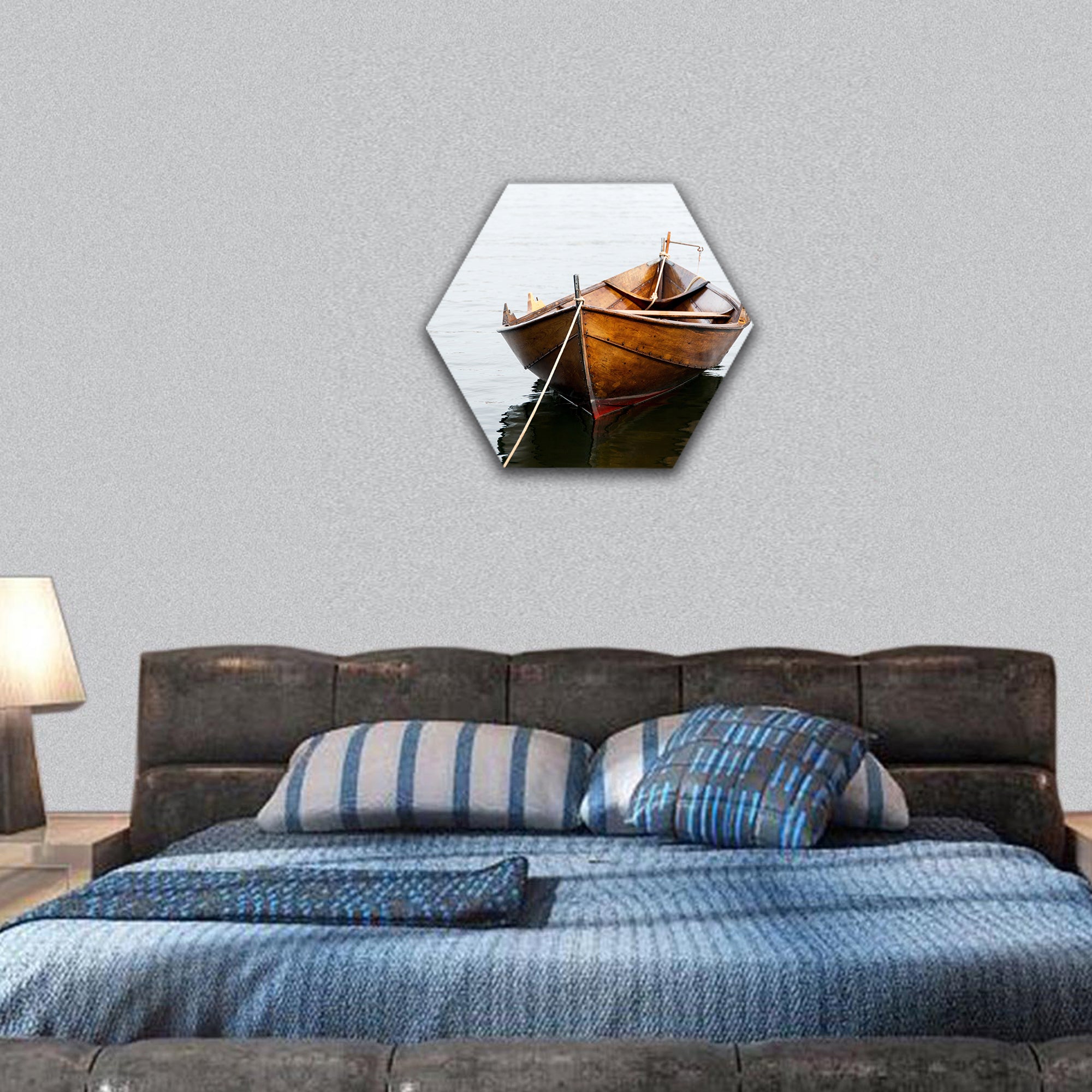 Old wooden row boat on water hexagonal canvas wall art