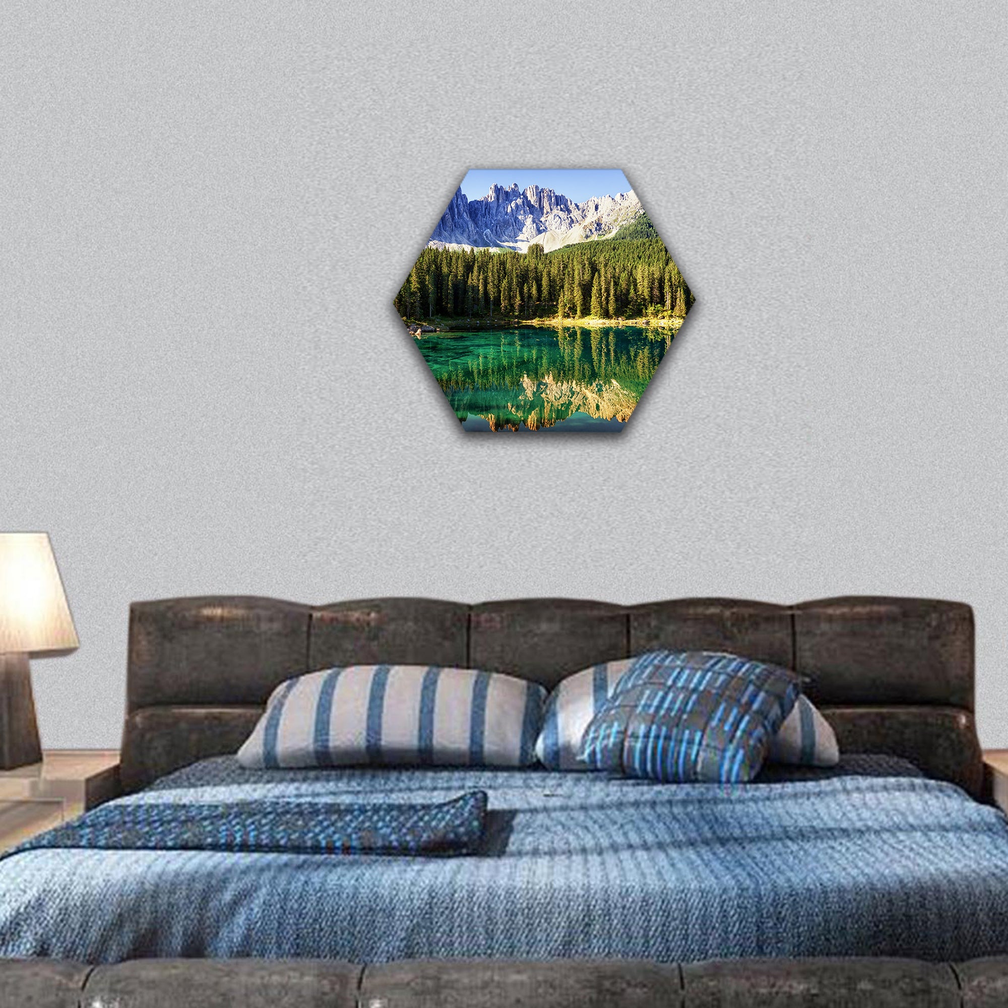 karerlake at the dolomites in italy hexagonal canvas wall art