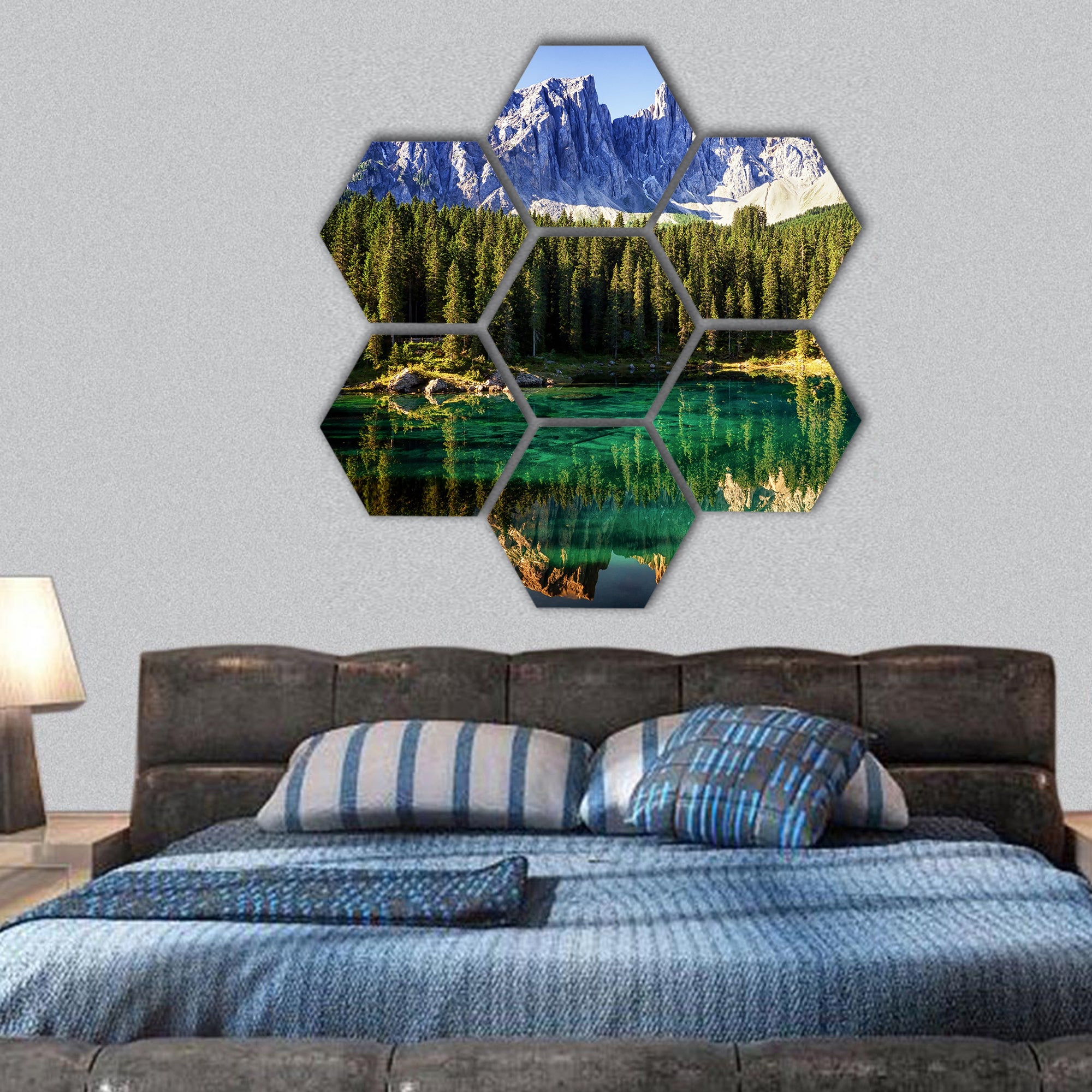 karerlake at the dolomites in italy hexagonal canvas wall art