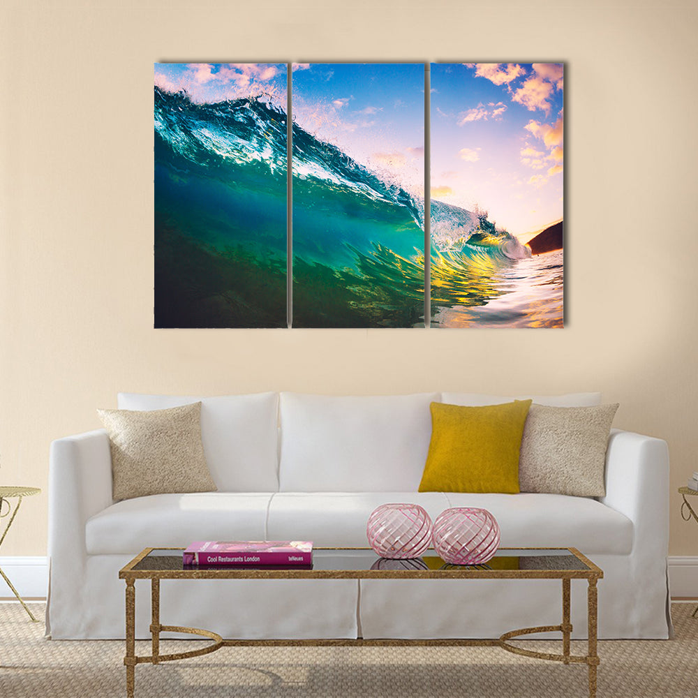 Ocean Wave at Sunset Multi Panel Canvas Wall Art