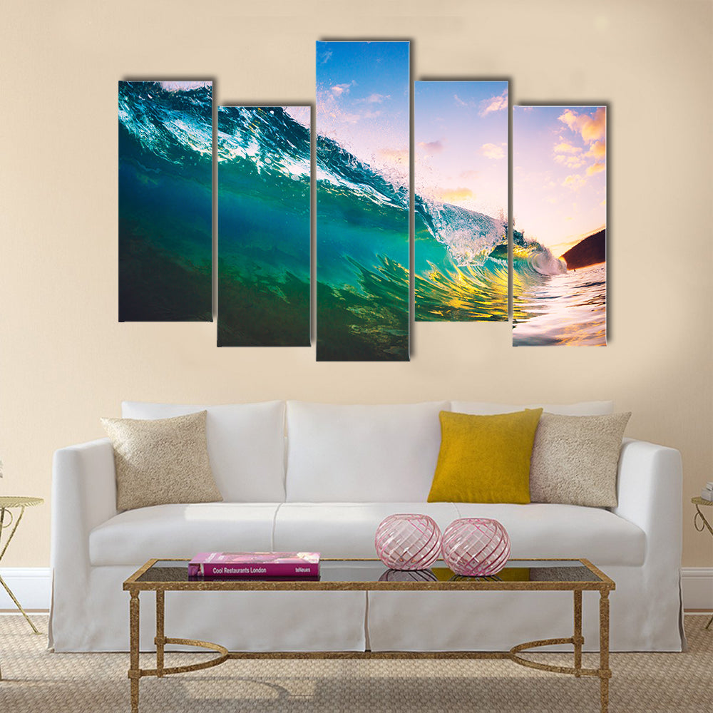 Ocean Wave at Sunset Multi Panel Canvas Wall Art