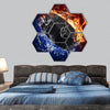 Hockey puck in fire flames and splashing water hexagonal canvas wall art