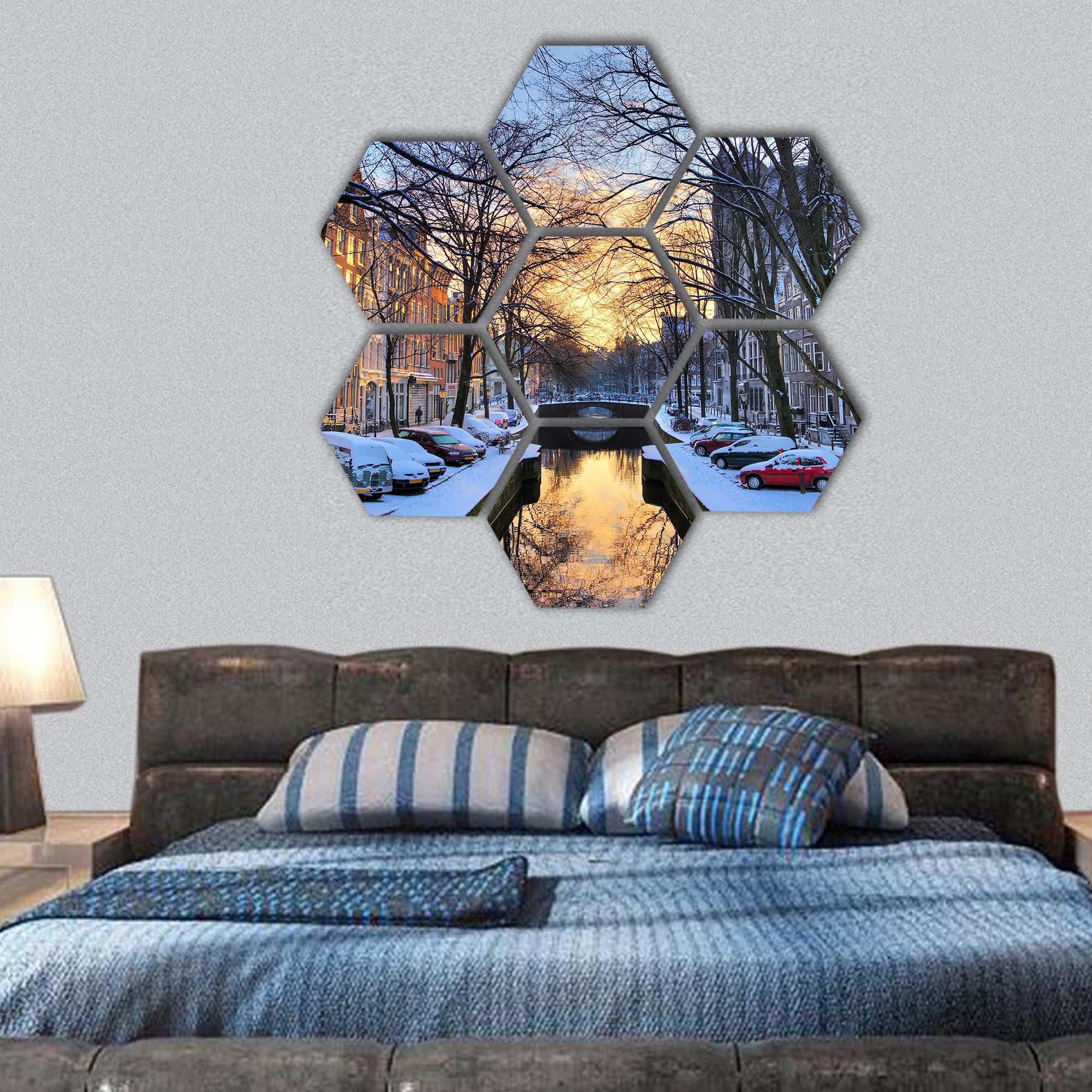 winter view on one of the city canals of Amsterdam, hexagonal canvas wall art