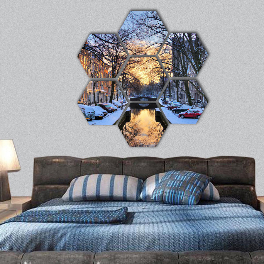 winter view on one of the city canals of Amsterdam, hexagonal canvas wall art