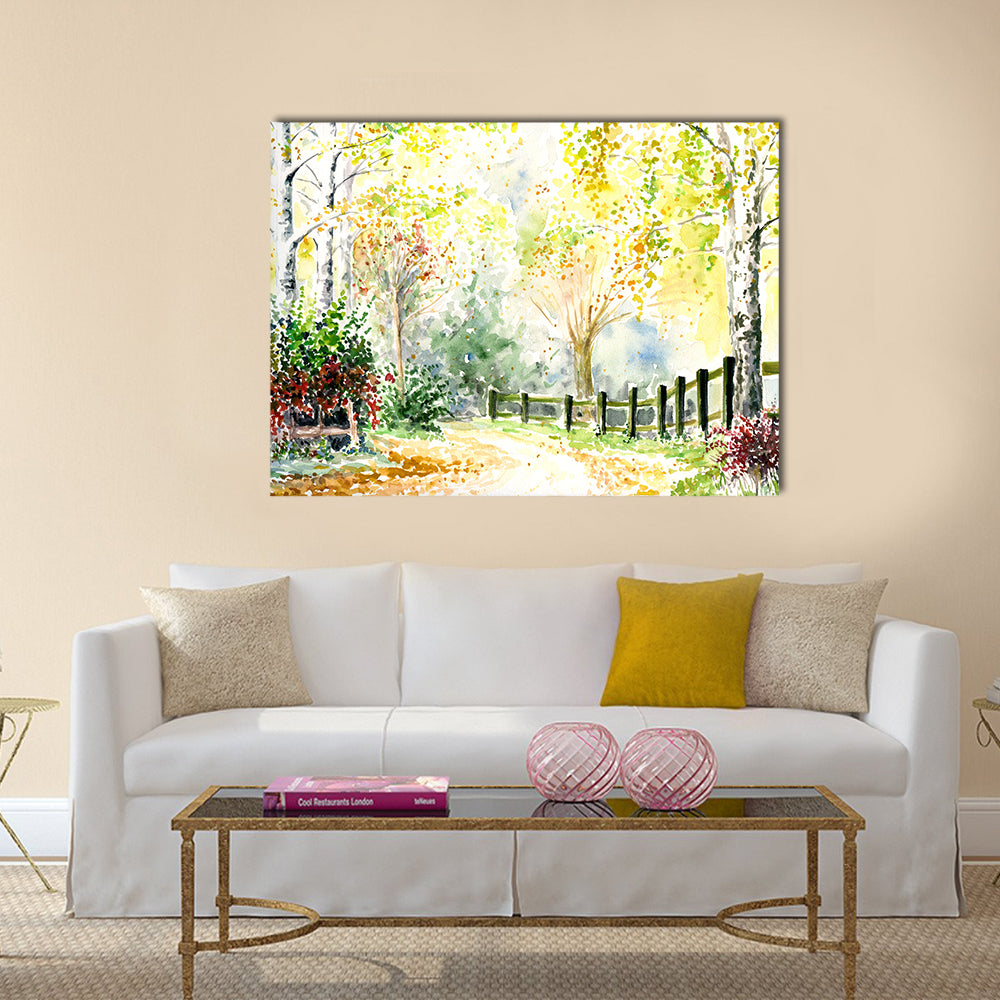 Road, fence and trees in autumn Picture painted with watercolor Multi Panel Canvas Wall Art