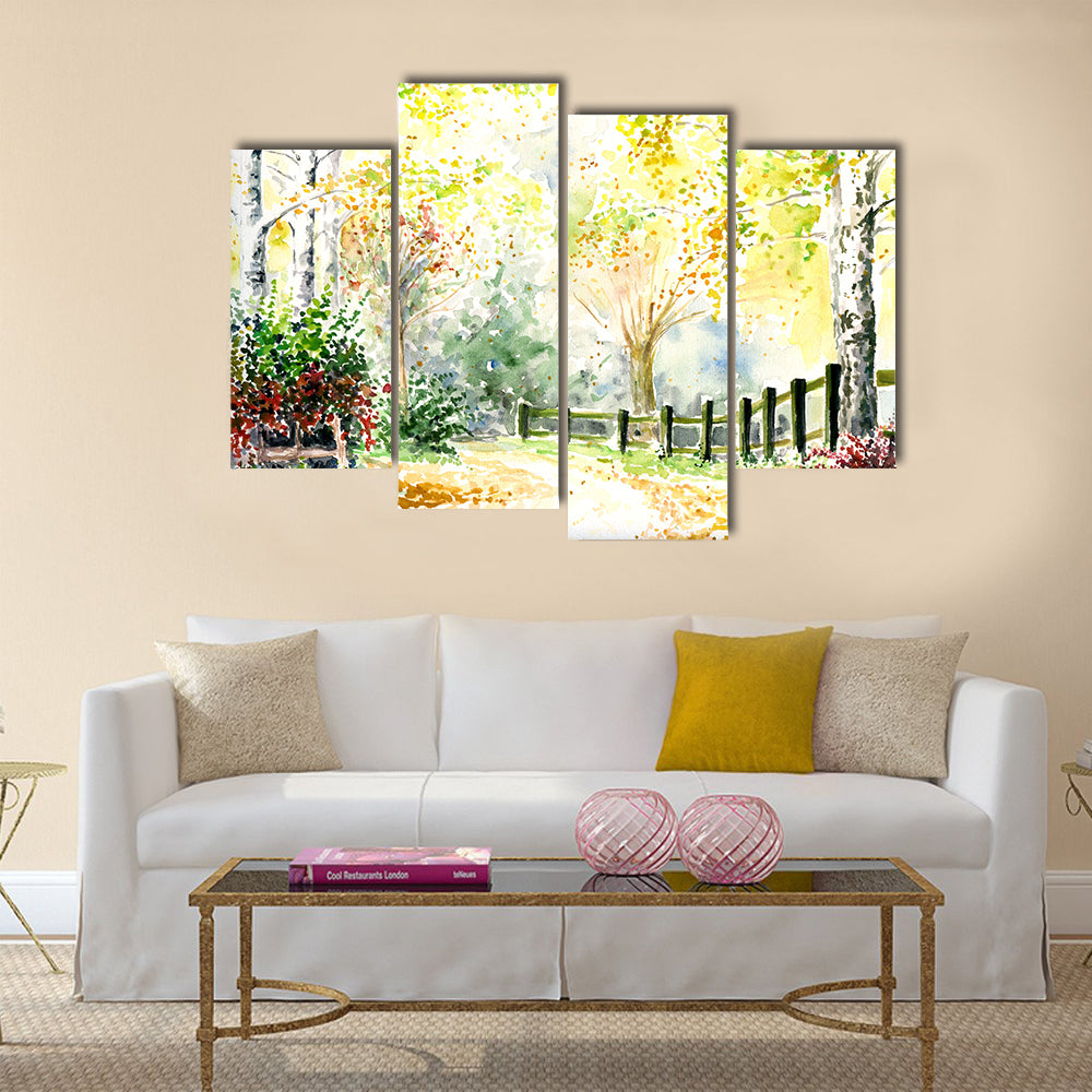 Road, fence and trees in autumn Picture painted with watercolor Multi Panel Canvas Wall Art