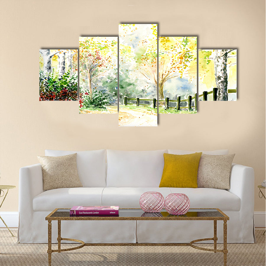 Road, fence and trees in autumn Picture painted with watercolor Multi Panel Canvas Wall Art