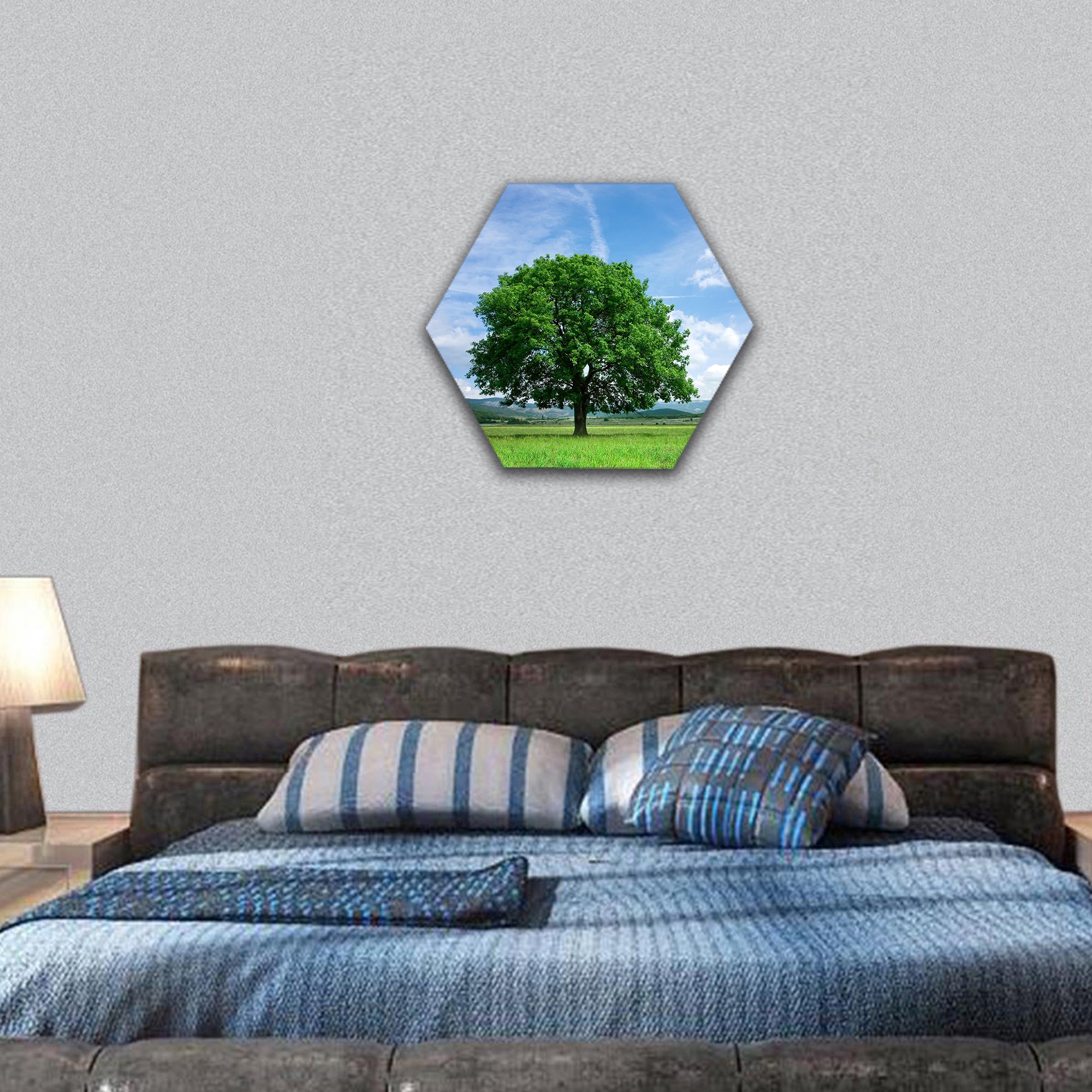 Tree on green field hexagonal canvas wall art
