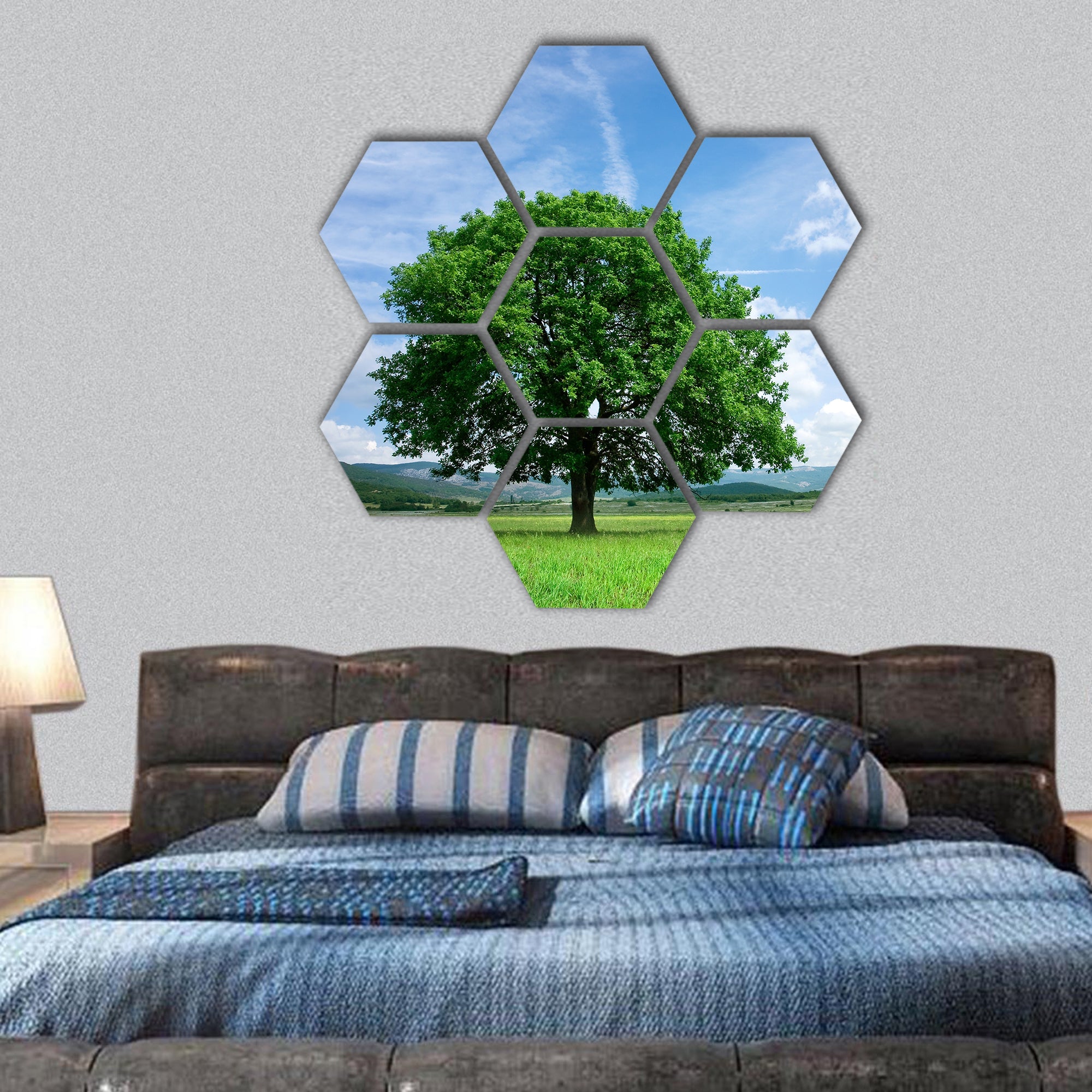 Tree on green field hexagonal canvas wall art
