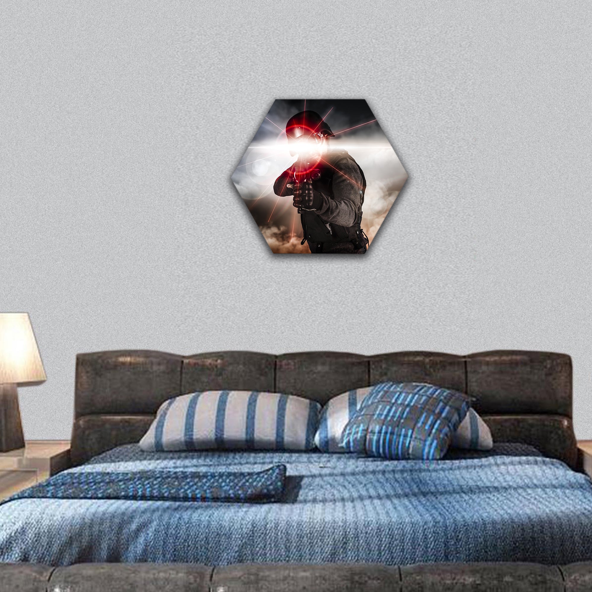 Soldier aiming assault rifle laser sight hexagonal canvas wall art