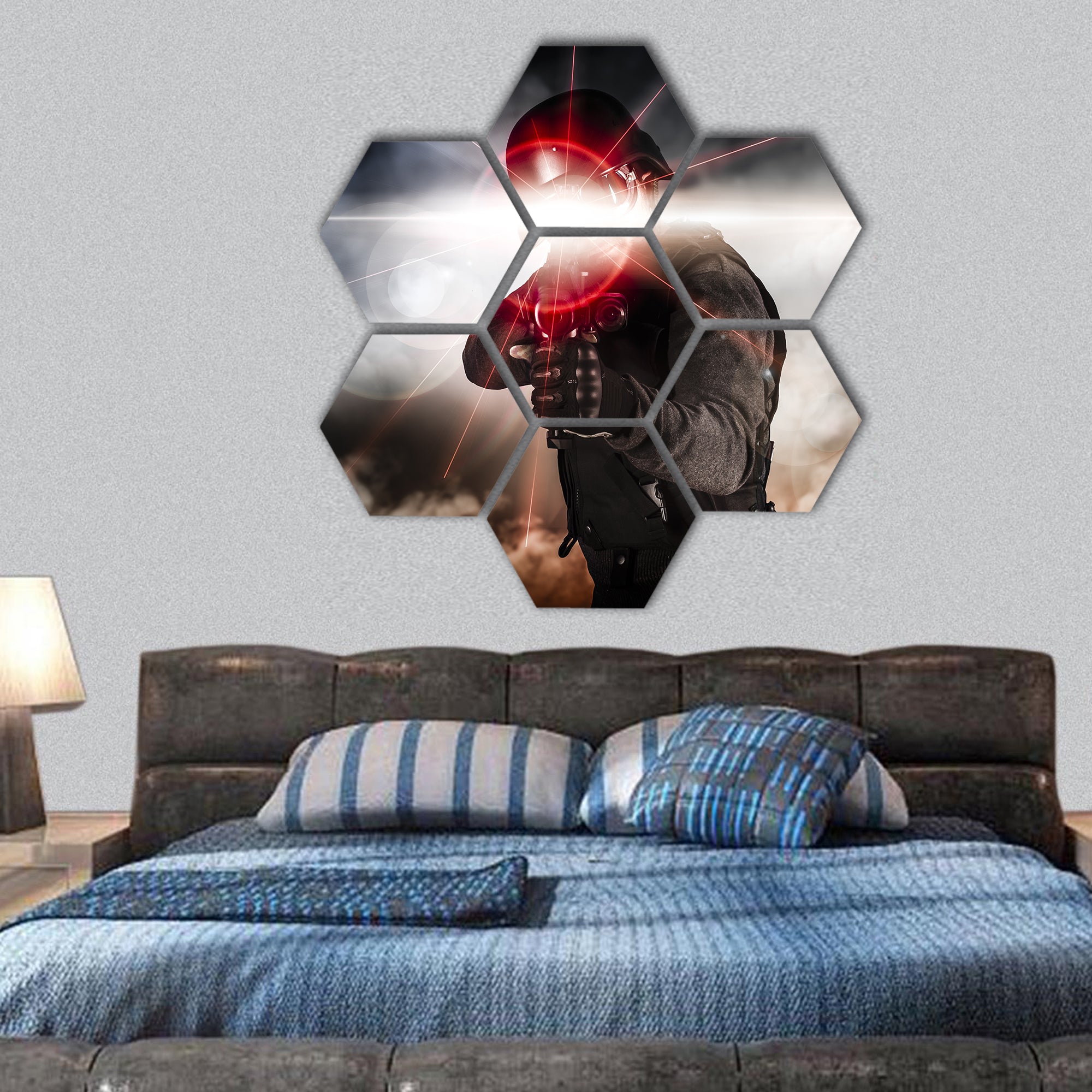 Soldier aiming assault rifle laser sight hexagonal canvas wall art