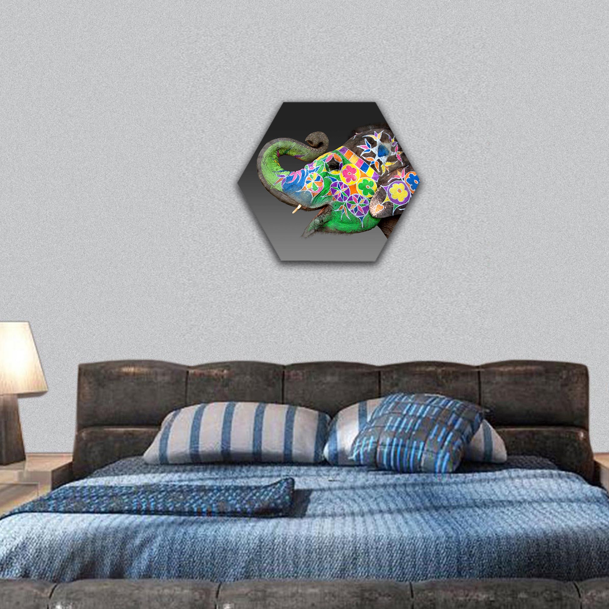 Elephant decorated for Holi in Jaipur, India hexagonal canvas wall art