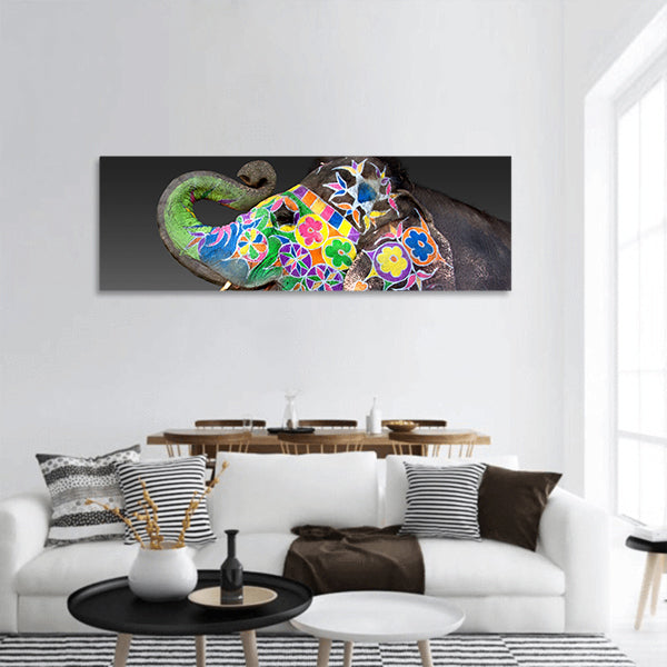 An elephant decorated for Holi in Jaipur, India panoramic canvas wall art