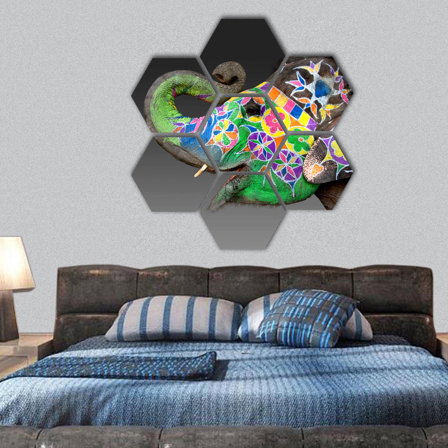 Elephant decorated for Holi in Jaipur, India hexagonal canvas wall art