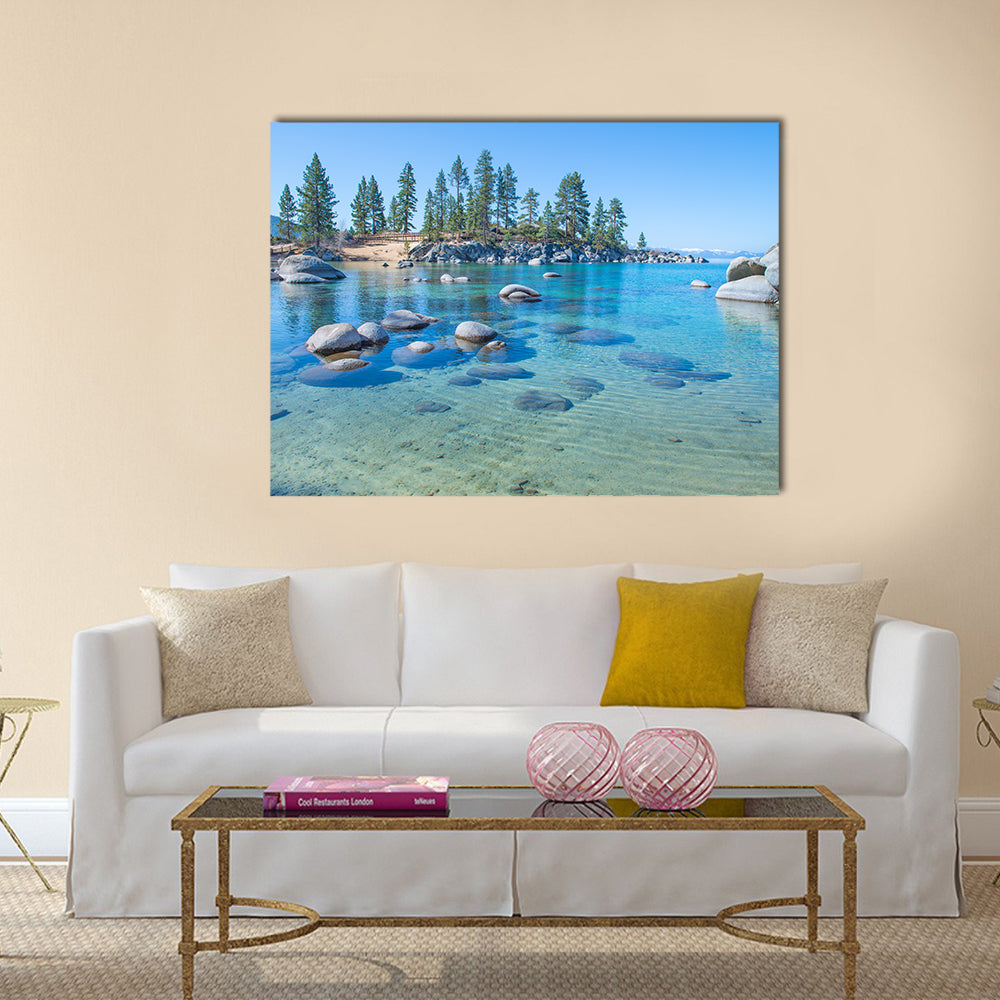 Beautiful blue clear water on the shore of the lake Tahoe multi panel canvas wall art